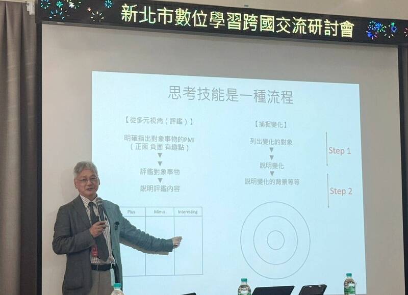黑上教授以實例拆解「思考工具的兩個步驟」，現場示範如何運用PMI分析法。