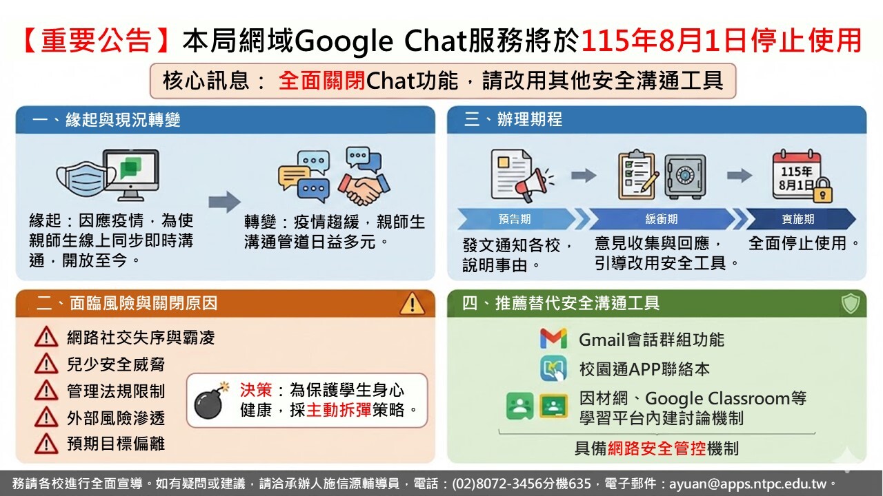 本局網域內 Google Chat 服務將自 115 年 8 月 1 日起停止使用